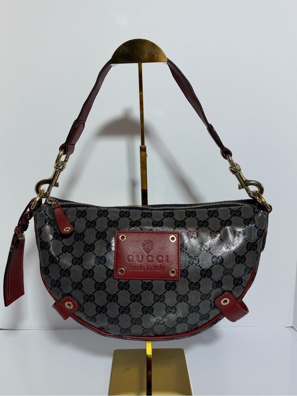 Gucci Red and Navy GG Logo Crescent Shoulder Bag